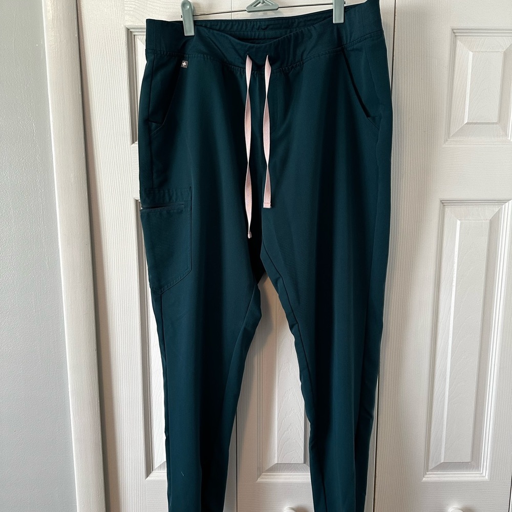 Figs Women’s  Dark Teal Jogger Scrubs with Pink Drawstring